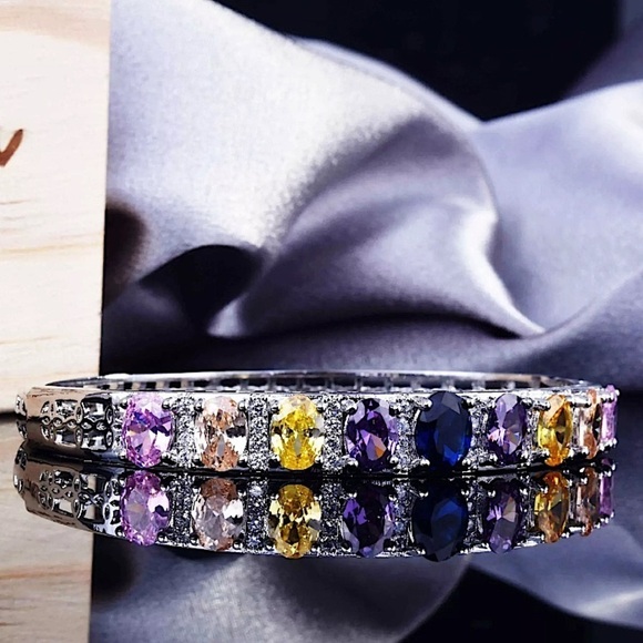Multicolor Cubic Zirconia Sterling Silver Bangle Bracelet - Picture 5 of 5